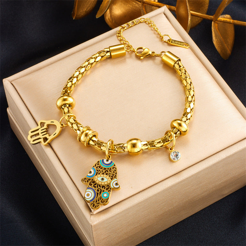 Bracciale a catena cilindrica con ciondolo a palma smaltato in acciaio al titanio placcato oro, stile vintage, da donna