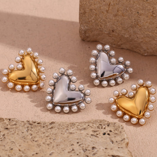 Vintage Style Heart-Shaped Stainless Steel Earrings with 18K Gold Plating and Pearlized Finish for Women