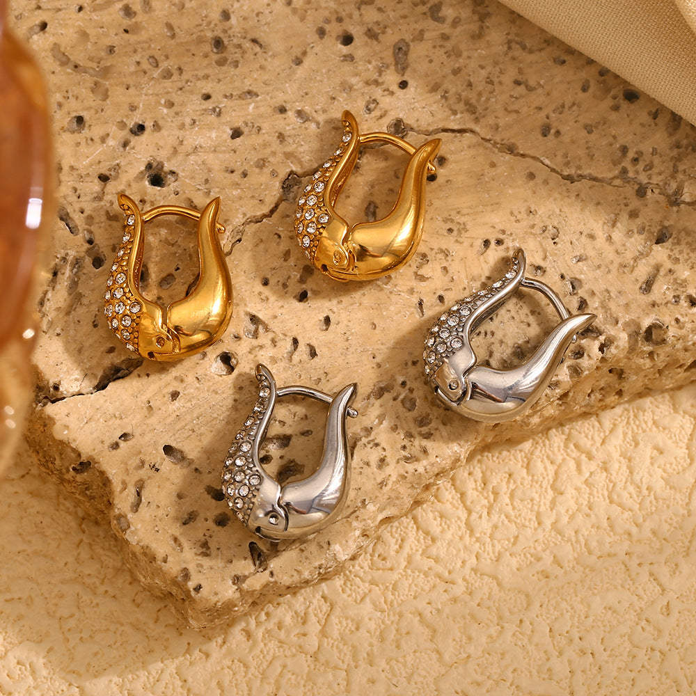 Fashionable Geometric U-Shaped Stainless Steel Earrings with 18K Gold Plating and Full Rhinestone Accents for Women