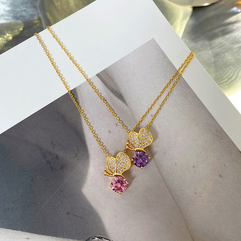 Cute Butterfly Pendant Necklace for Women in Titanium Steel with Rhinestone Inlay and O-Chain