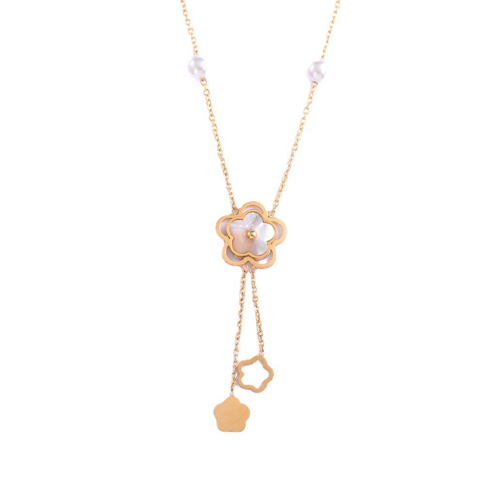 Minimalist Camellia Pendant Necklace in Titanium Steel with Mother-of-Pearl Inlay on O-Chain for Women and Men