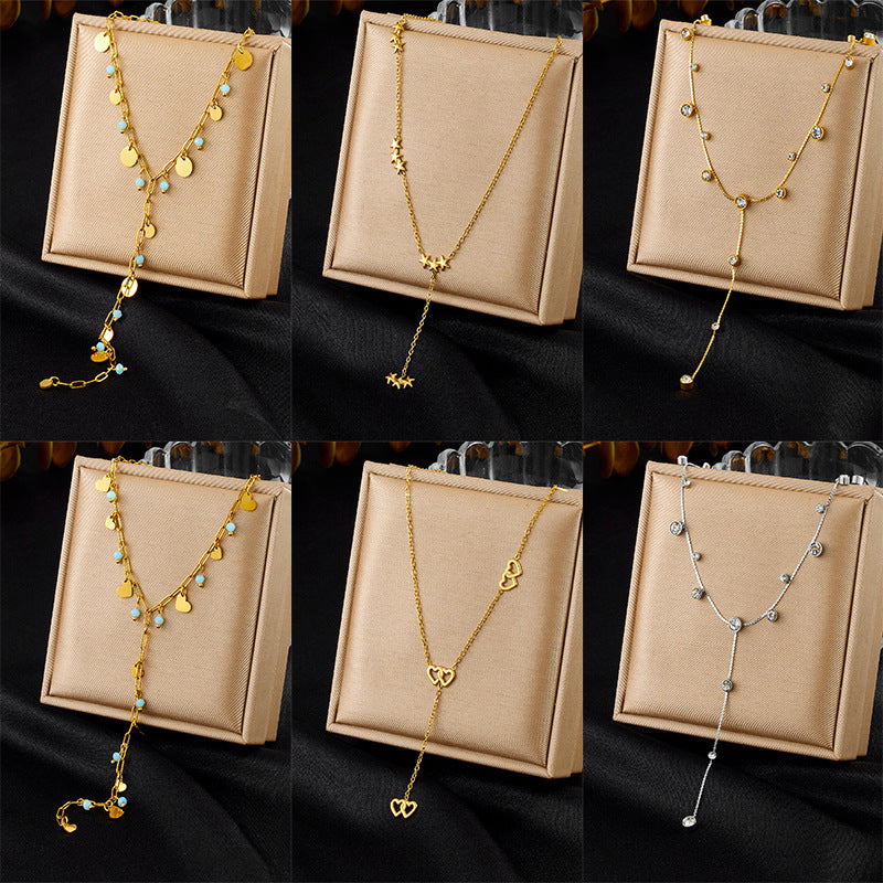 Minimalist Elegant Stainless Steel Plated Heart Round Rhinestone Y-Shape Long Tassel Necklace for Women