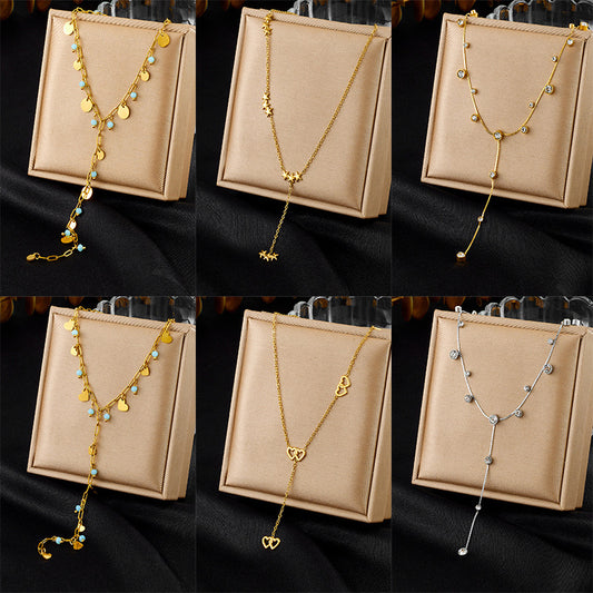 Minimalist Elegant Stainless Steel Plated Heart Round Rhinestone Y-Shape Long Tassel Necklace for Women