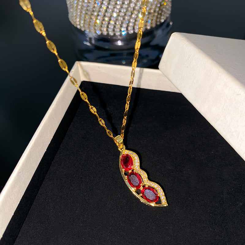 Sporty Sweet Micro-set Ruby Pea Plant Pendant Titanium Steel Necklace for Women