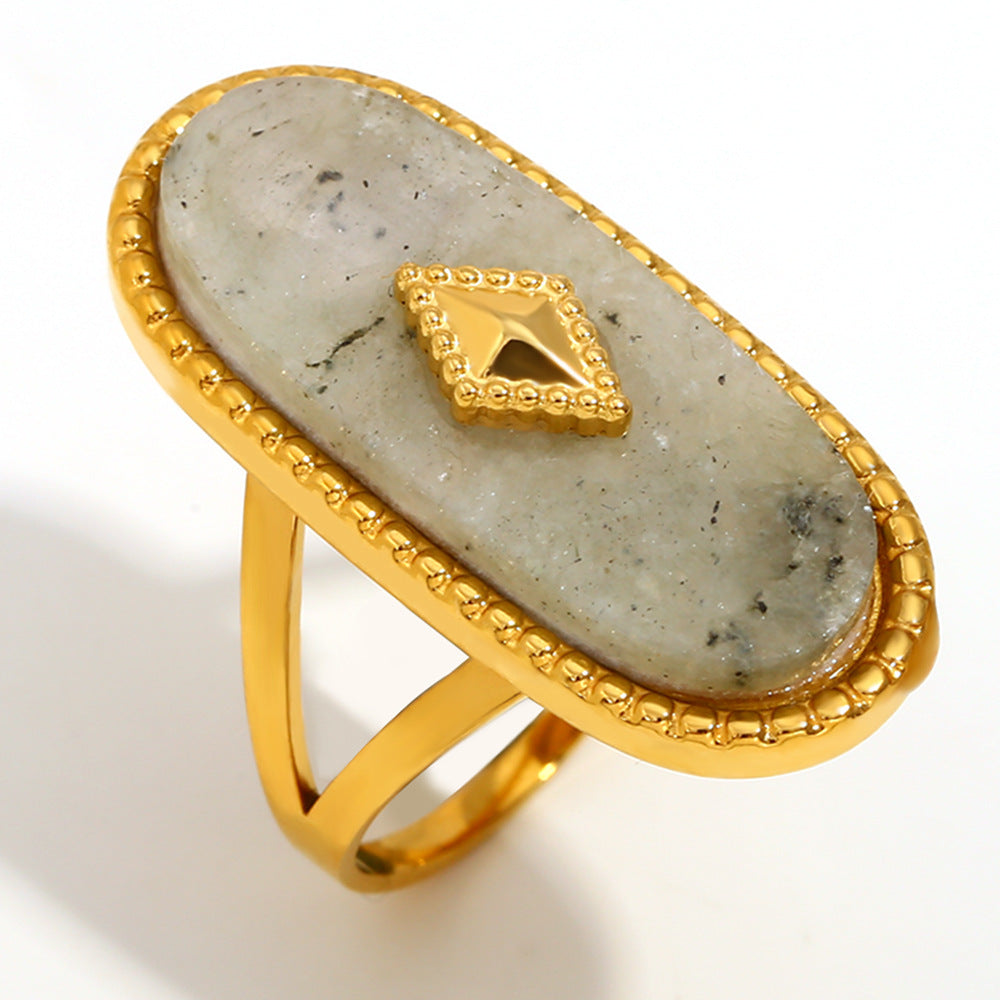 Fashionable Oval White Jade Open Ring in Stainless Steel with 18K Gold Plating for Women