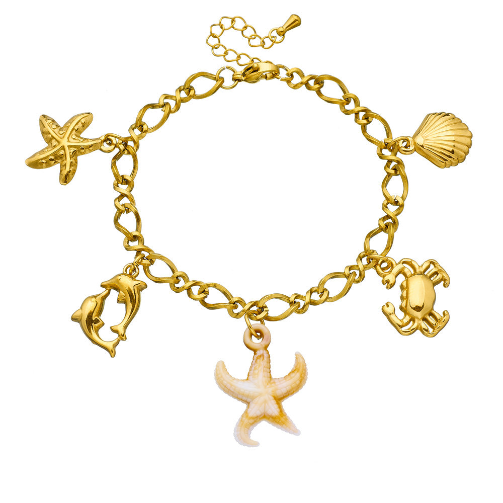 Stainless Steel Plated Animal Starfish Crab Dolphin Shell Pendant Chain Bracelet for Women