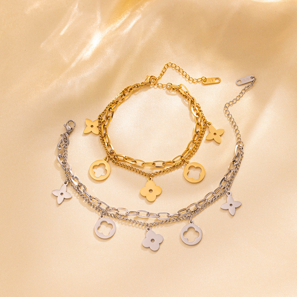 Minimalist Stainless Steel Double-Layer Hollow Four-Leaf Clover Bracelet with Multiple Pendants and Letter Charms