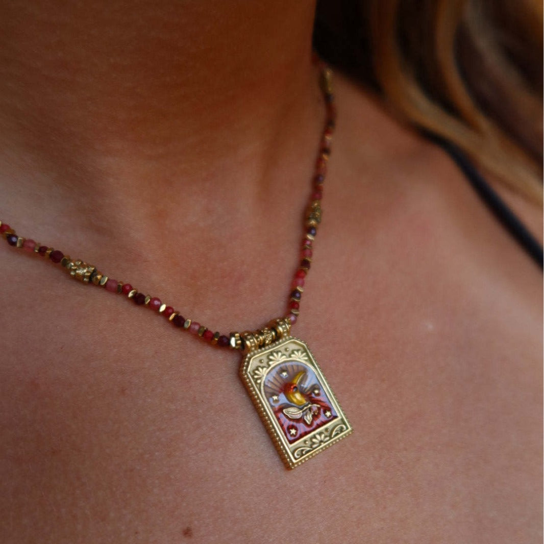 Retro Tarot Card Heart Eye Flame Pendant Necklace for Women in Copper with Gold Plating