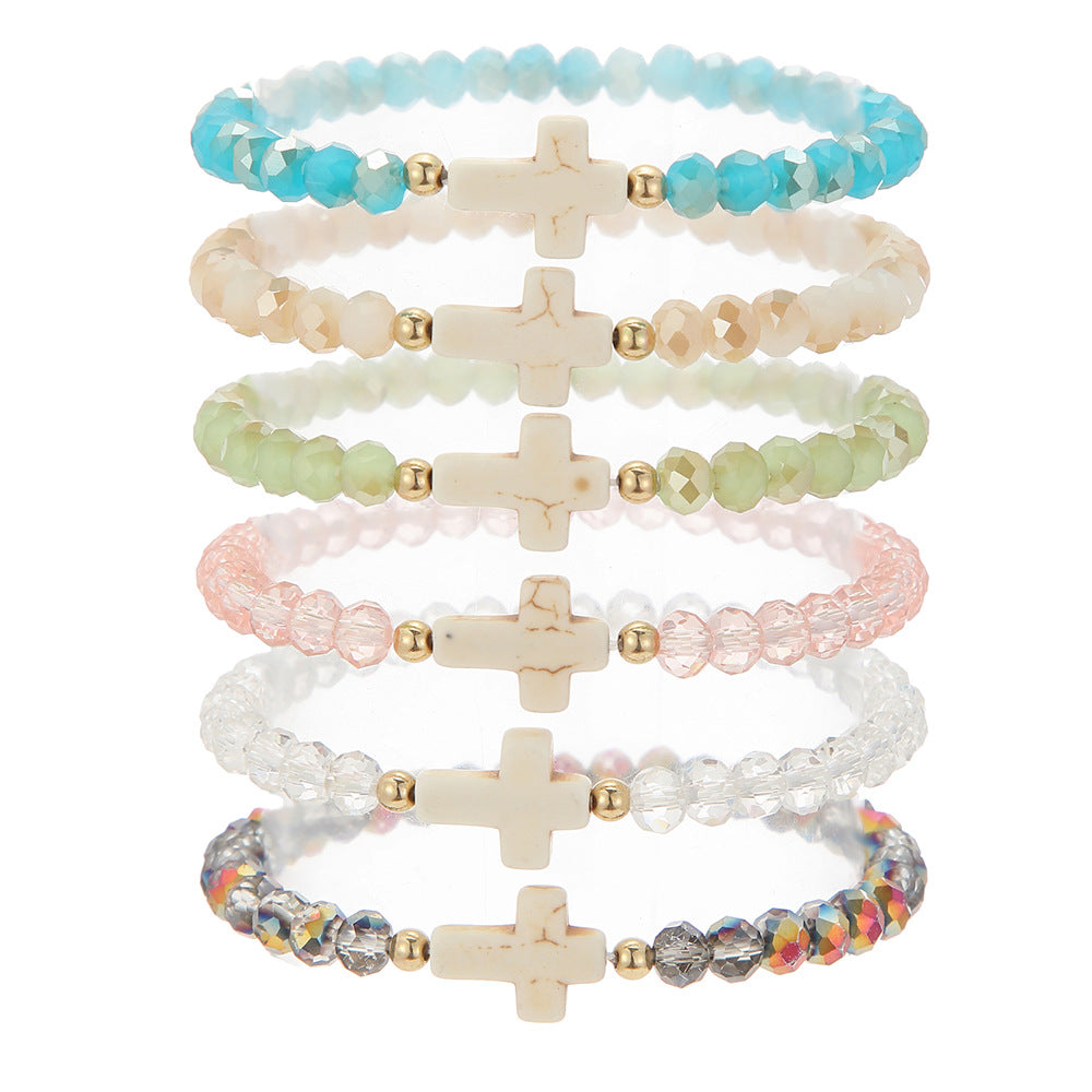 Bohemian Sweet Geometric Cross Crystal Turquoise Handmade Beaded Bracelet Set for Women