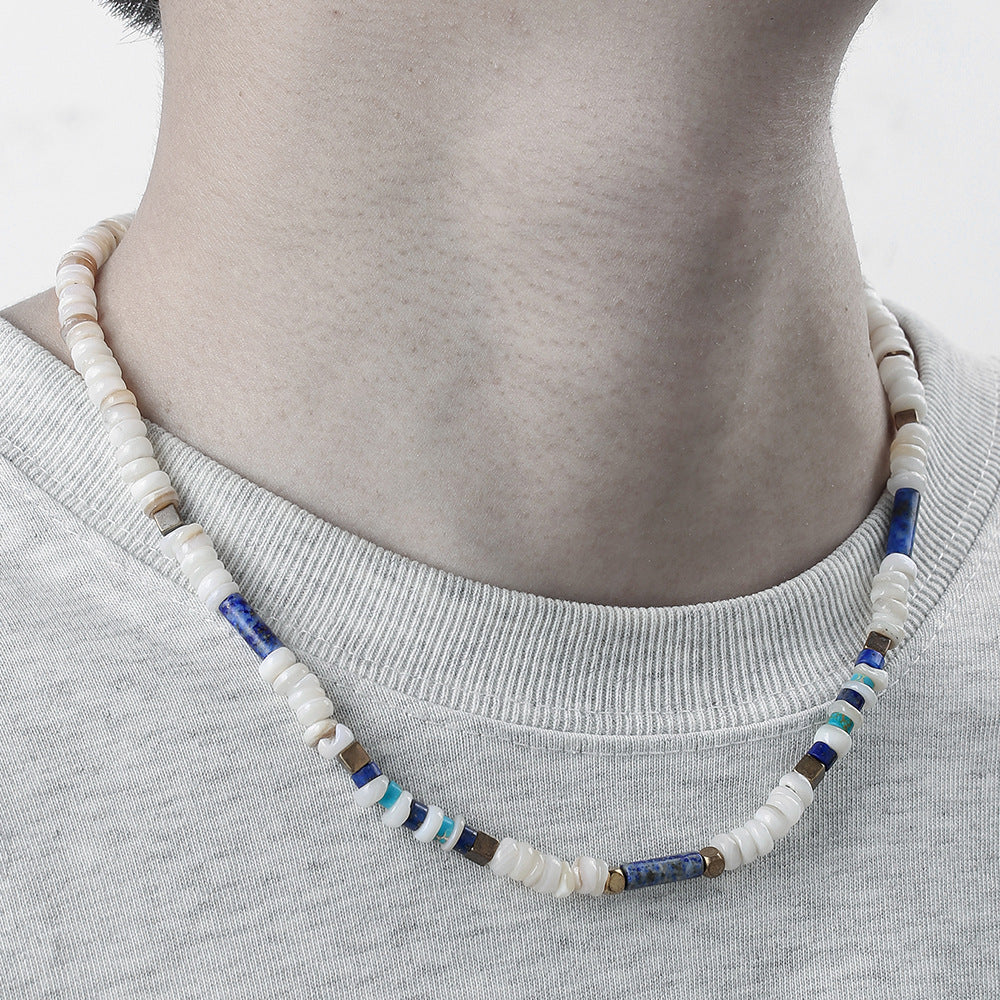 Personalized Geometric Round Stainless Steel Freshwater Shell Beaded Necklace Handmade Cable Chain