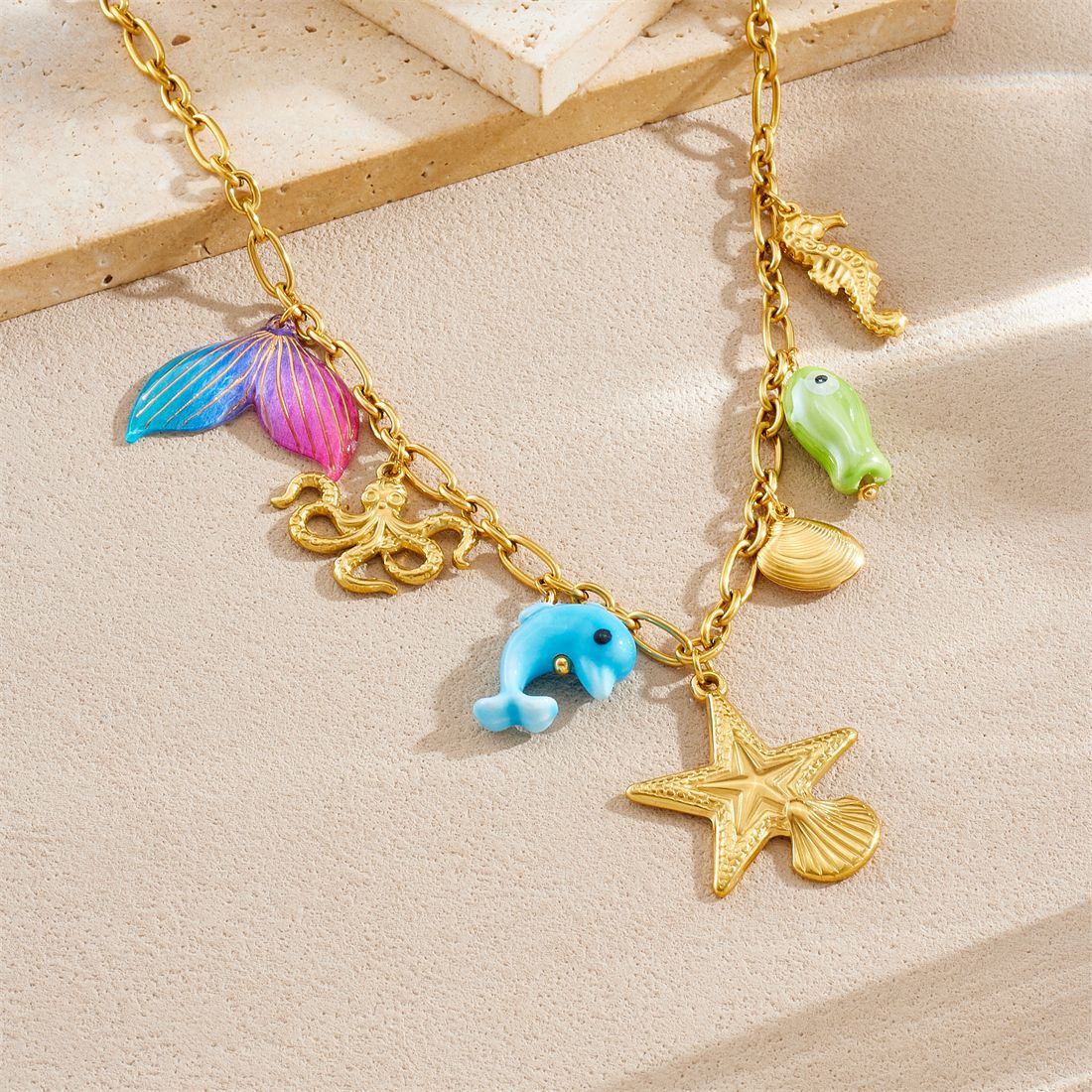 Sweet Cartoon Gradient Star and Octopus Acrylic Pendant Stainless Steel Cable Chain Necklace for Women