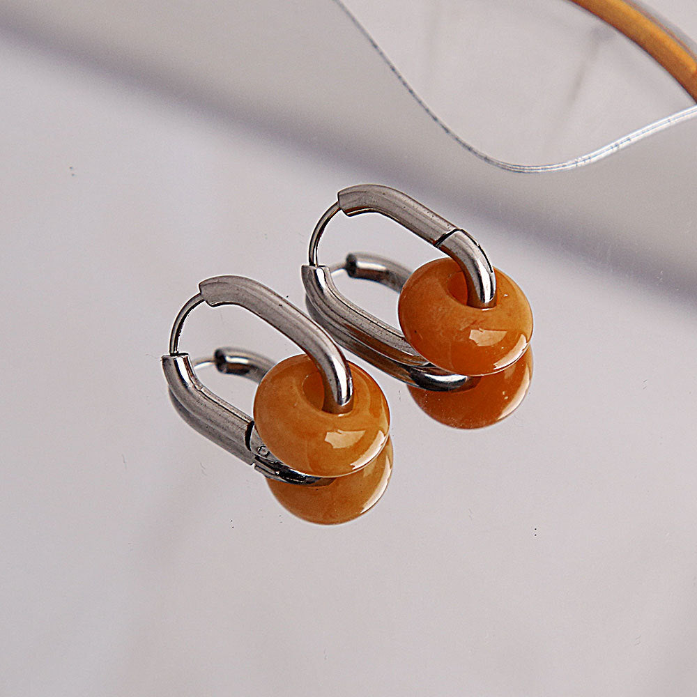 Pendientes de Acero Inoxidable con Forma de U, de Estilo Chino Antiguo Minimalista, con Detalles de Ágata y Jade, Acabado Pulido