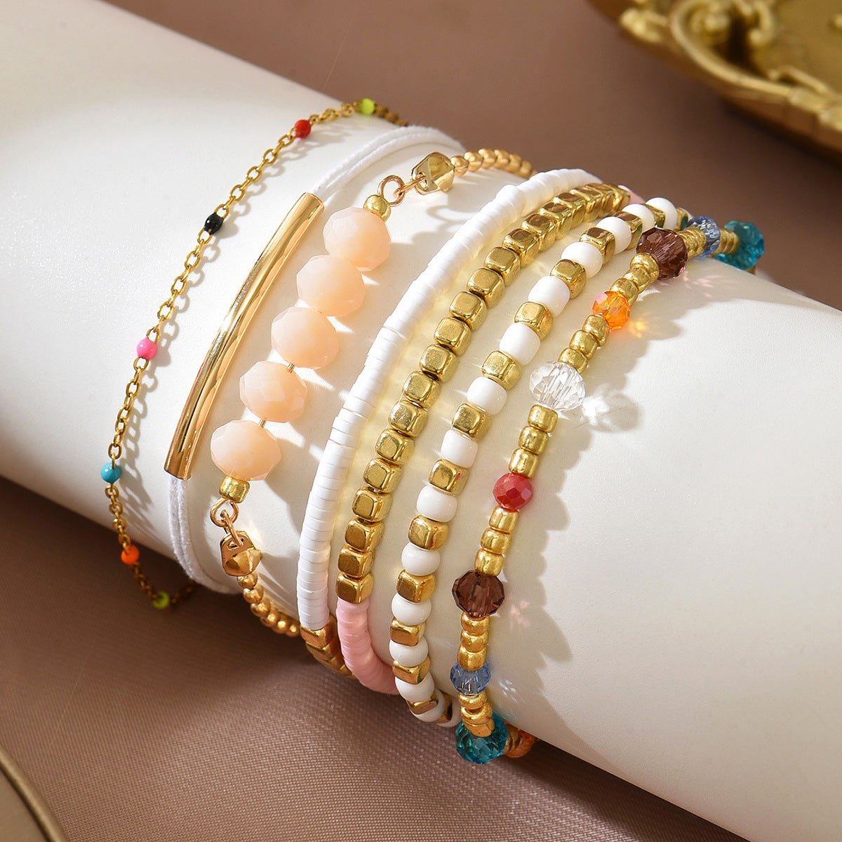 Bohemian Sweet Handmade Geometric Glass Bead and Crystal Bracelet Set for Women