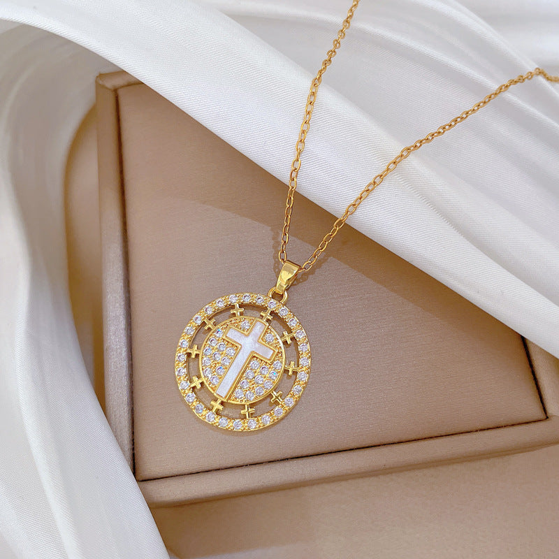 Minimalist Round Cross Pendant Necklace for Women Stainless Steel Snake Chain with Rhinestone Inlay