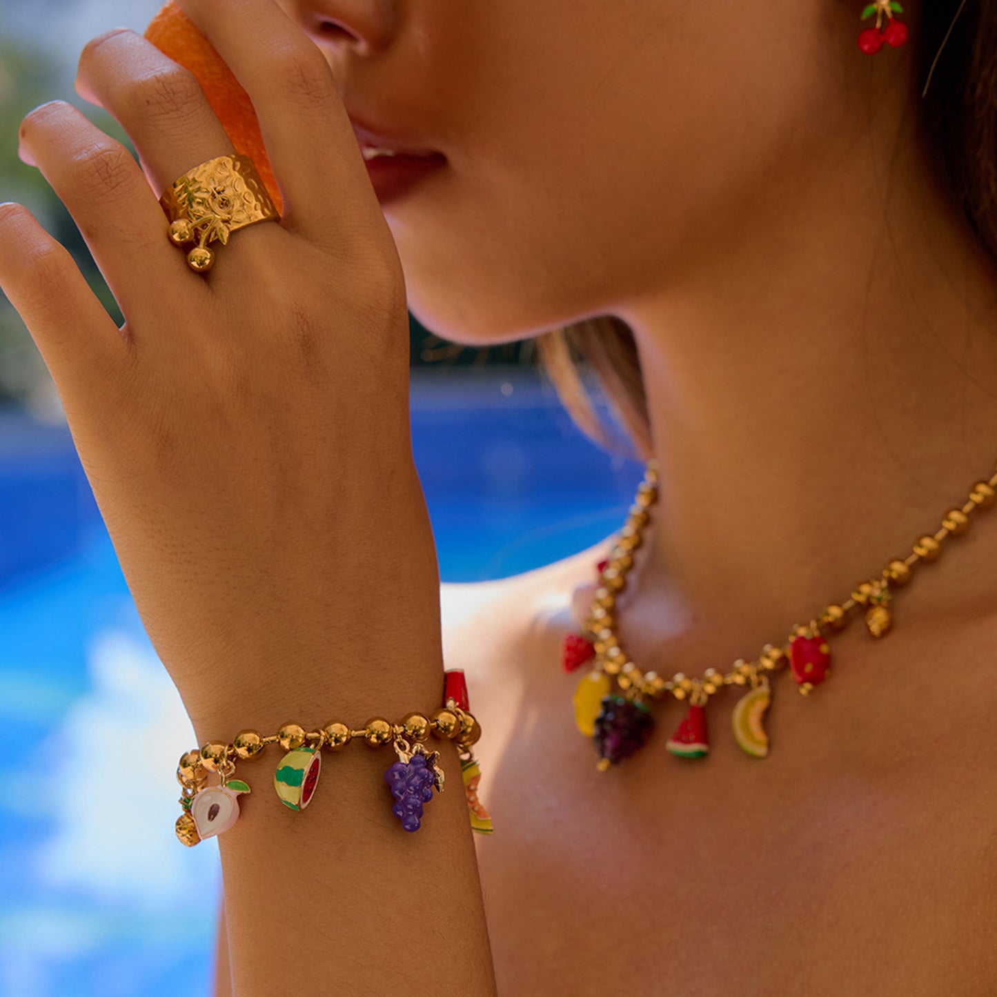 Luxury Casual Fruit Pattern Plated Stainless Steel Titanium Steel Necklace Bracelet Set for Women