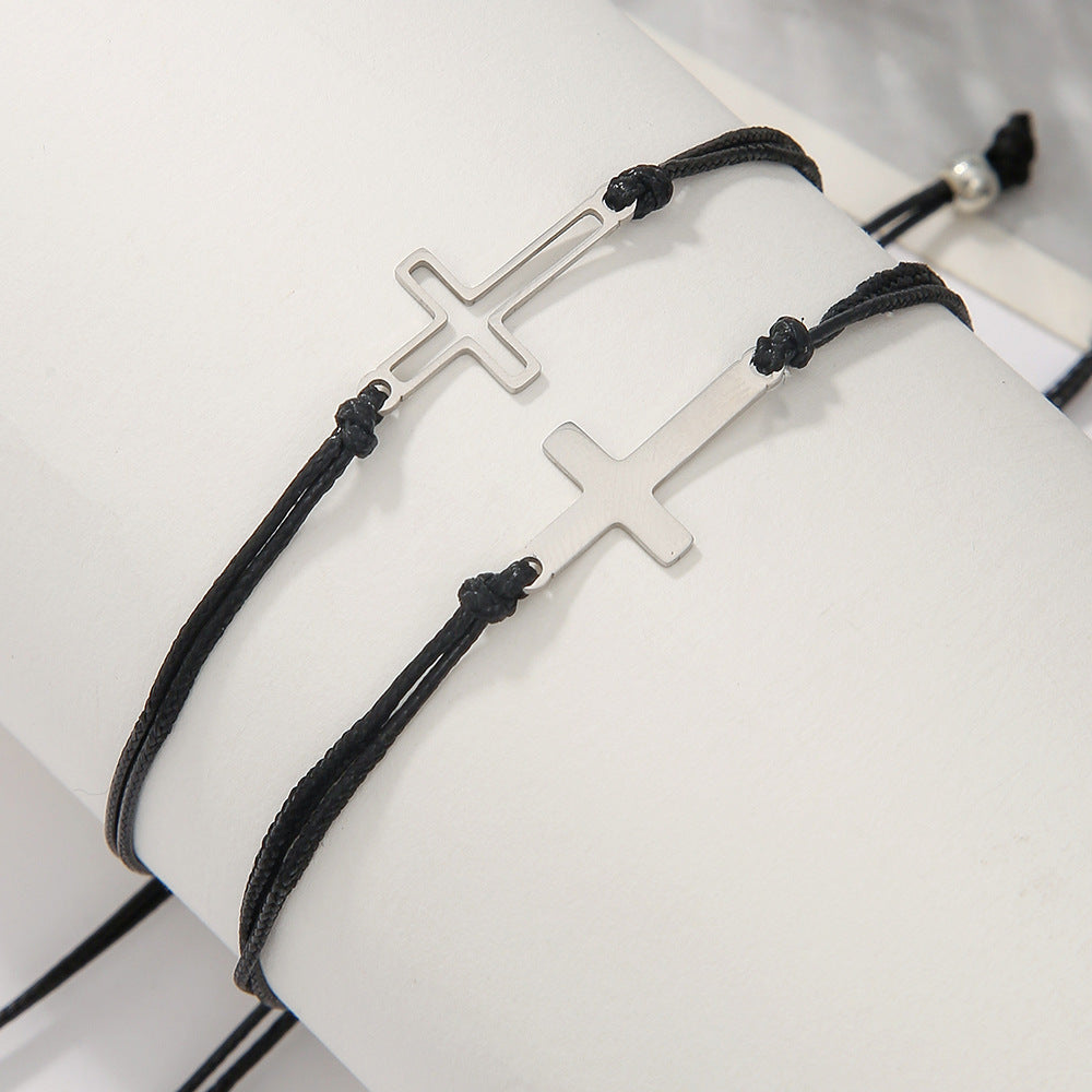 Bracciale Minimalista Geometrico in Acciaio Inossidabile con Ciondolo a Croce Vuota, Intrecciato a Mano, Regolabile, Set per Coppie, Donne e Amici