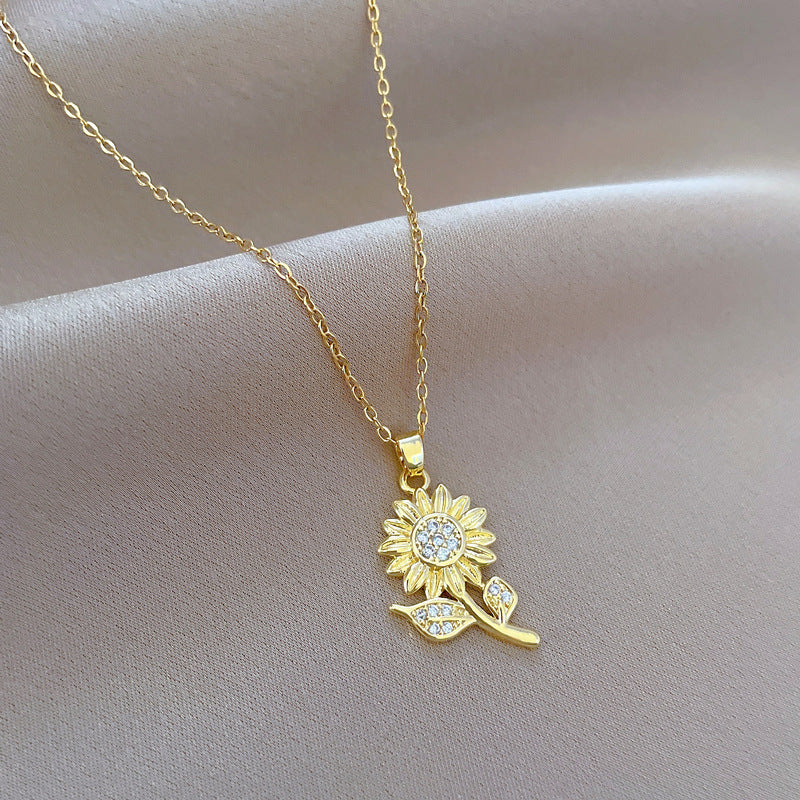 Minimalist Sunflower Pendant Necklace for Women with Zircon Inlay on Titanium Steel Chain