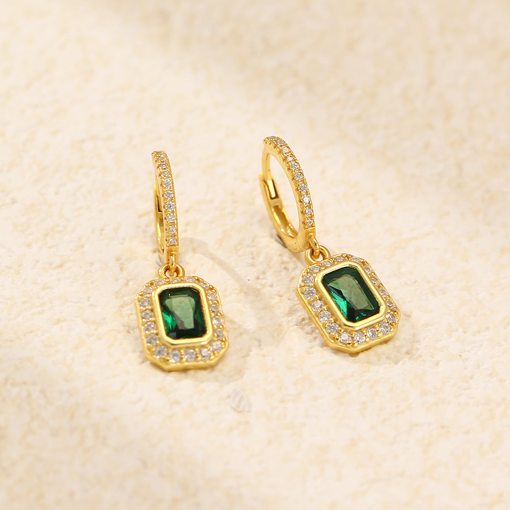 Minimalist Geometric S925 Sterling Silver Stud Earrings with Emerald Green Rhinestones for Women