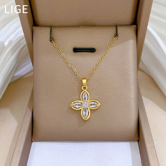 Lucky Clover Pendant Necklace for Women in Titanium Steel with Full Rhinestone Inlay, Geometric Design, Delicate Clavicle Chain