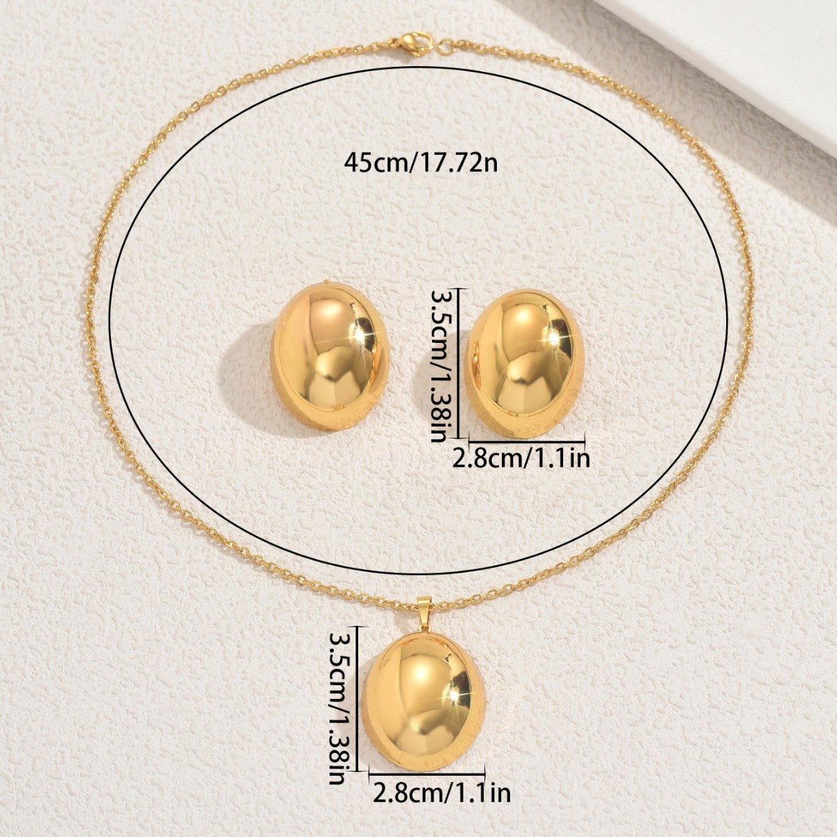 Set collana con ciondolo in metallo ovale e cerchio geometrico con orecchini da donna, lega con finitura galvanica