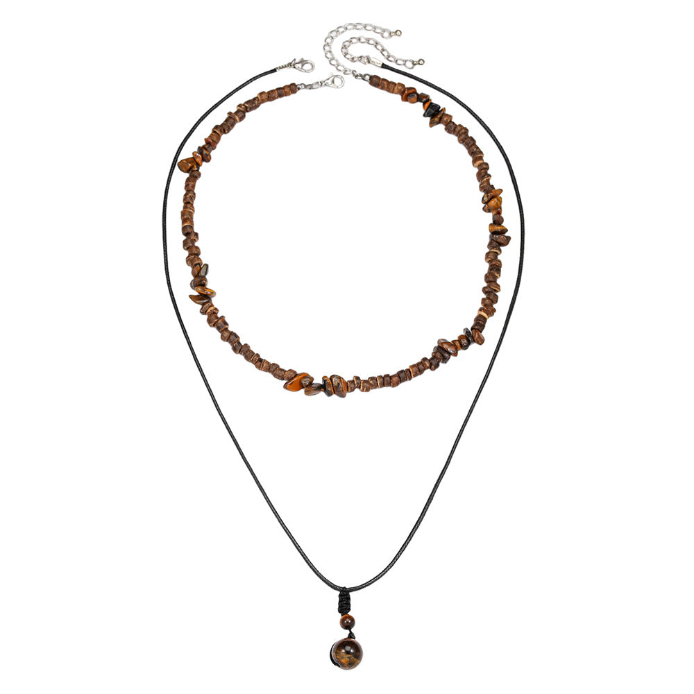 Casual Geometric Tiger Eye Coconut Shell Handmade Waxed Cord Necklace for Men and Women