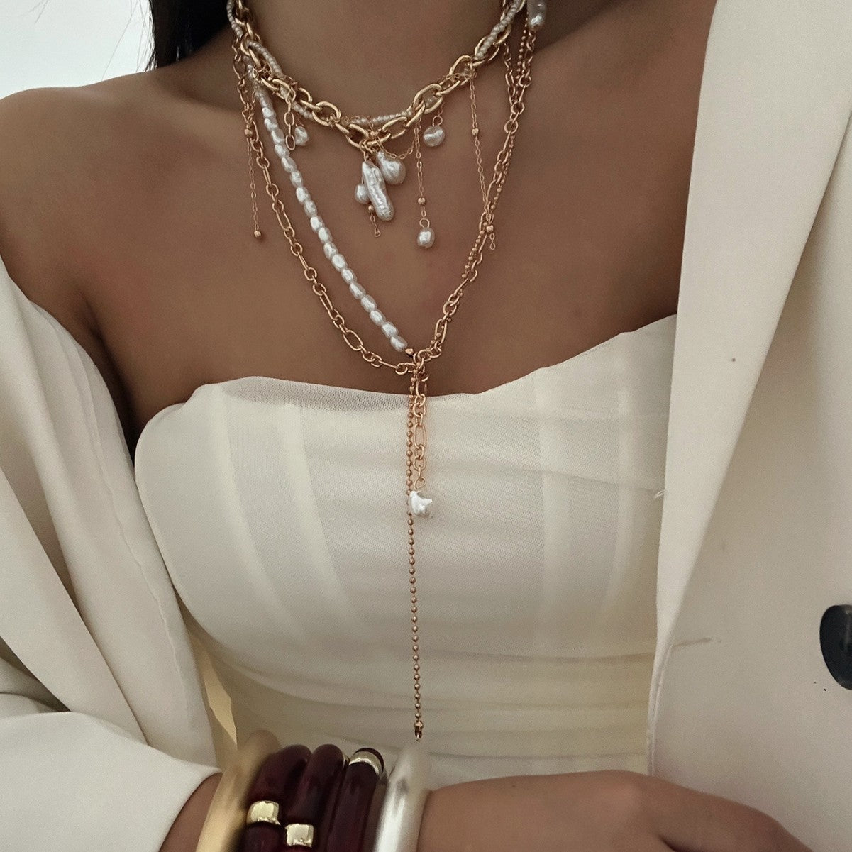 Luxury Casual Asymmetric Teardrop Alloy Plated Y-Necklace with Baroque Pearl and Tassel for Women