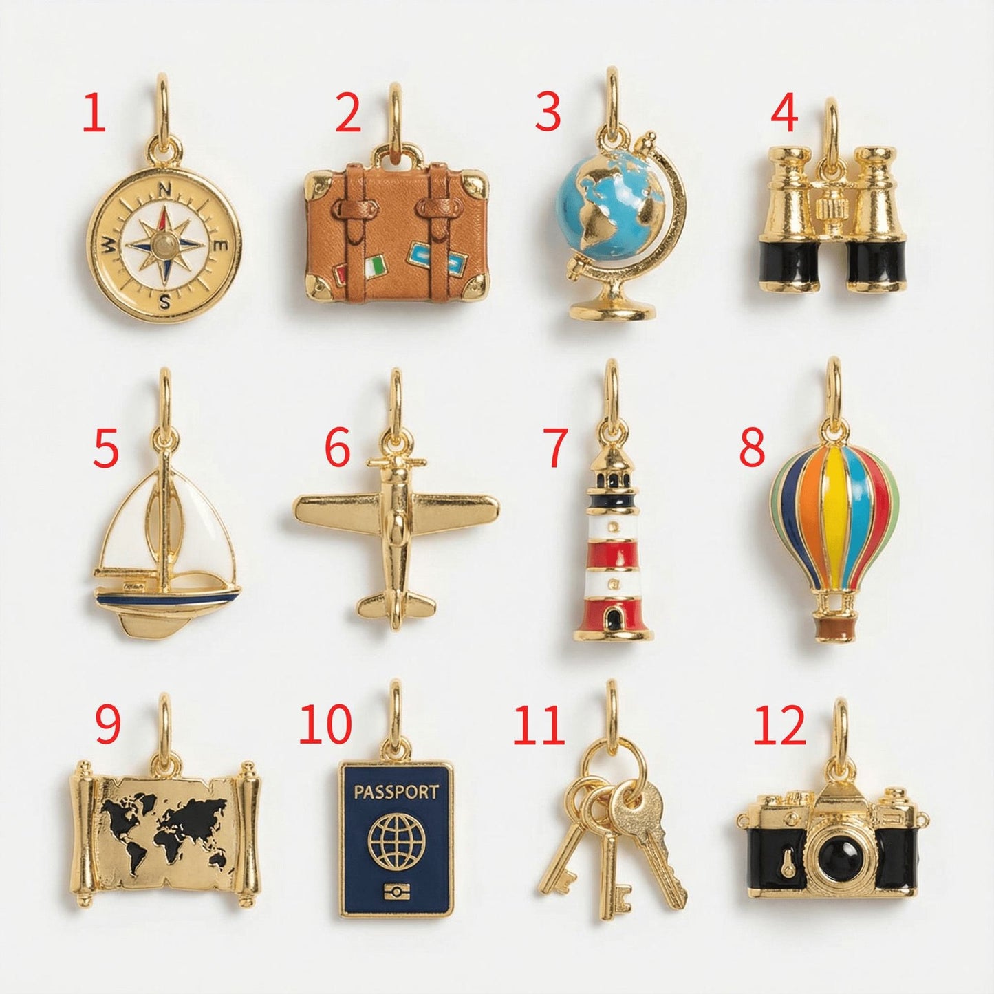 Minimalist Geometric Brass Plated Pendant Necklace with Compass Globe Telescope Airplane Hot Air Balloon Charms