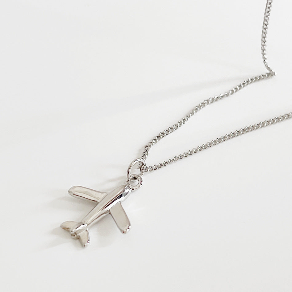 925 Sterling Silver Airplane Pendant Necklace for Women Geometric Vintage Trendy Clavicle Chain