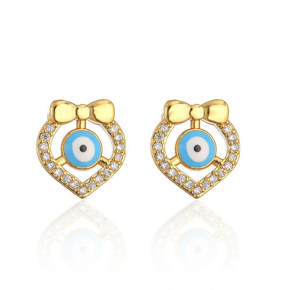 Minimalist Geometric Eye Stud Earrings for Women with Copper Base Plated in 18K Gold and Enamel Finish with Micro-Paved Zirconia