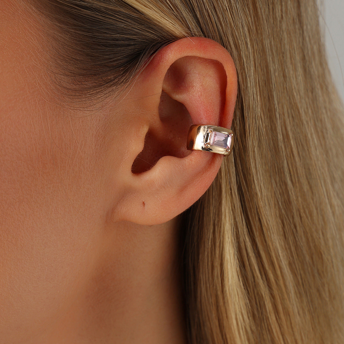 Punk Luxury Geometric Square Rhinestone Plated Zinc Alloy C-Shaped Clip-On Earrings for Women
