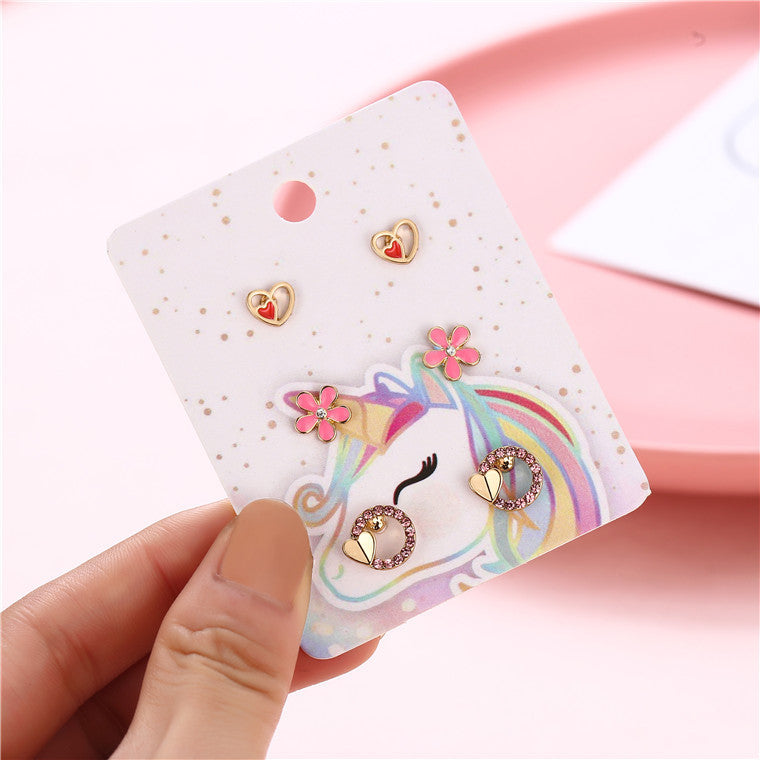 Pendientes de aleación con forma de corazón y flor, estilo dibujos animados, para niñas, con esmalte.