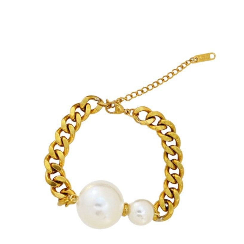 Sweet Streetwear Figaro Chain Titanium Steel Bracelet with Pearl Inlay