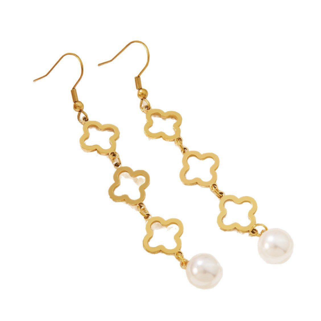 Orecchini a perno con perle, placcati oro, in acciaio inossidabile, a forma di pianta floreale, stile casual streetwear