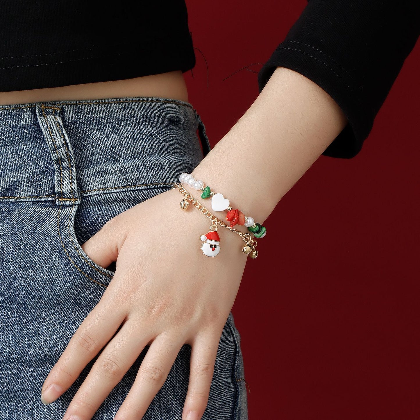 Original Design Christmas Santa Head Pearl Bracelet with Heart and Bell Charms, Dual-Layer Minimalist Jewelry for Women and Men