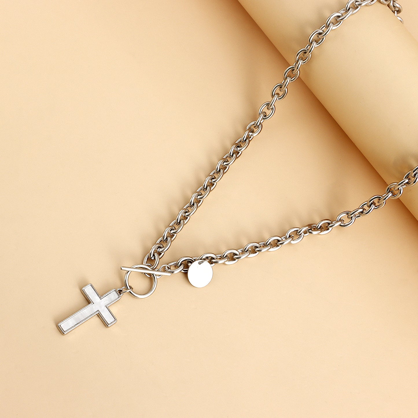 Punk Style Cross Pendant Necklace for Women with Alloy Chain and Mother-of-Pearl Inlay, Geometric Design, Plated Finish, Adjustable Length