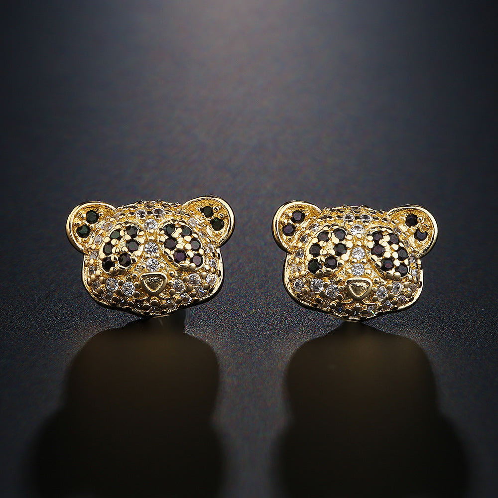 Orecchini in rame a forma di panda stile INS, placcati in oro 18 carati e intarsiati con zirconi, per donna