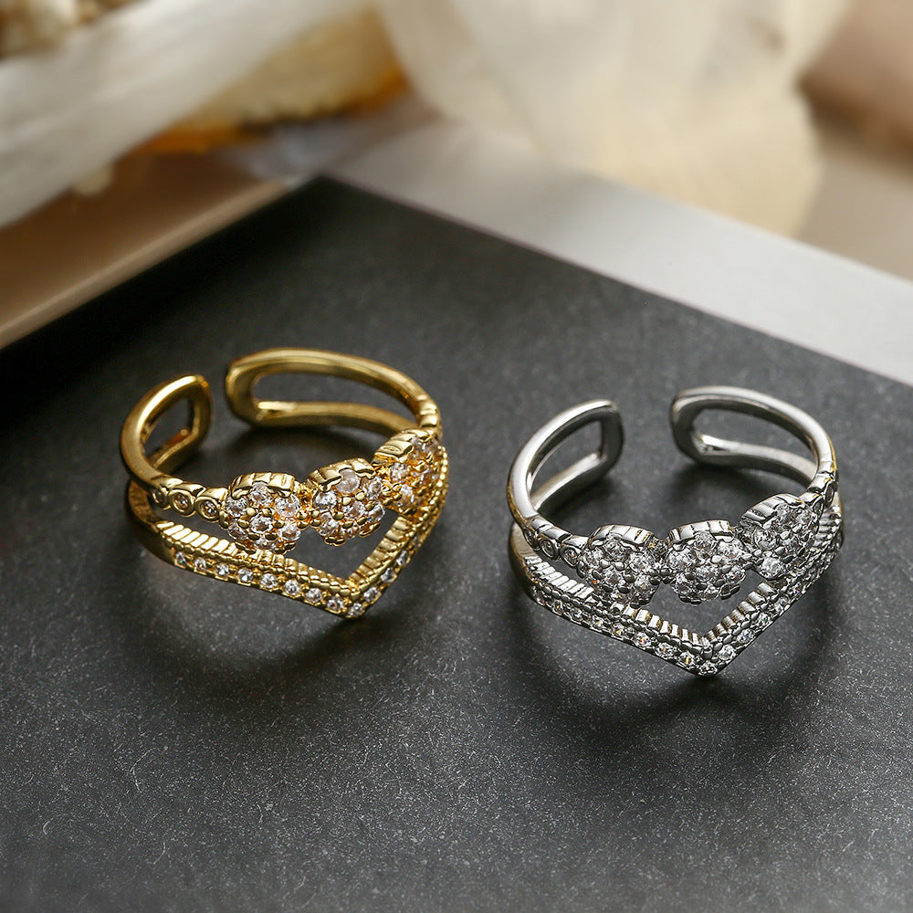 Anello Aperto Geometrico Minimalista da Donna in Ottone con Placcatura in Oro Vero e Intarsio di Zirconi
