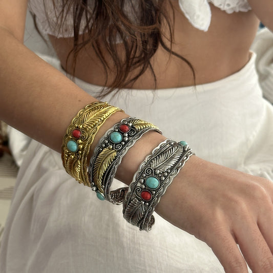 Pulsera de aleación chapada con incrustaciones de turquesa, diseño de hoja ovalada, étnica vintage, para mujer