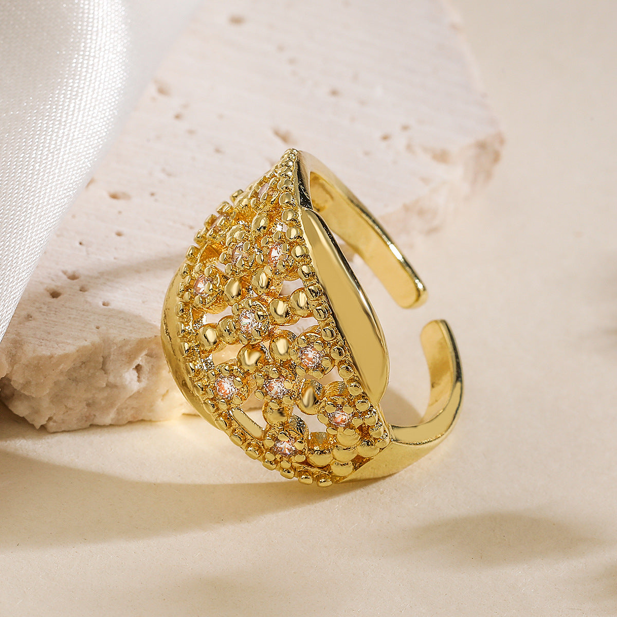 Minimalist Geometric Open Ring for Women in Brass with Real Gold Plating and Micro-Paved Zirconia