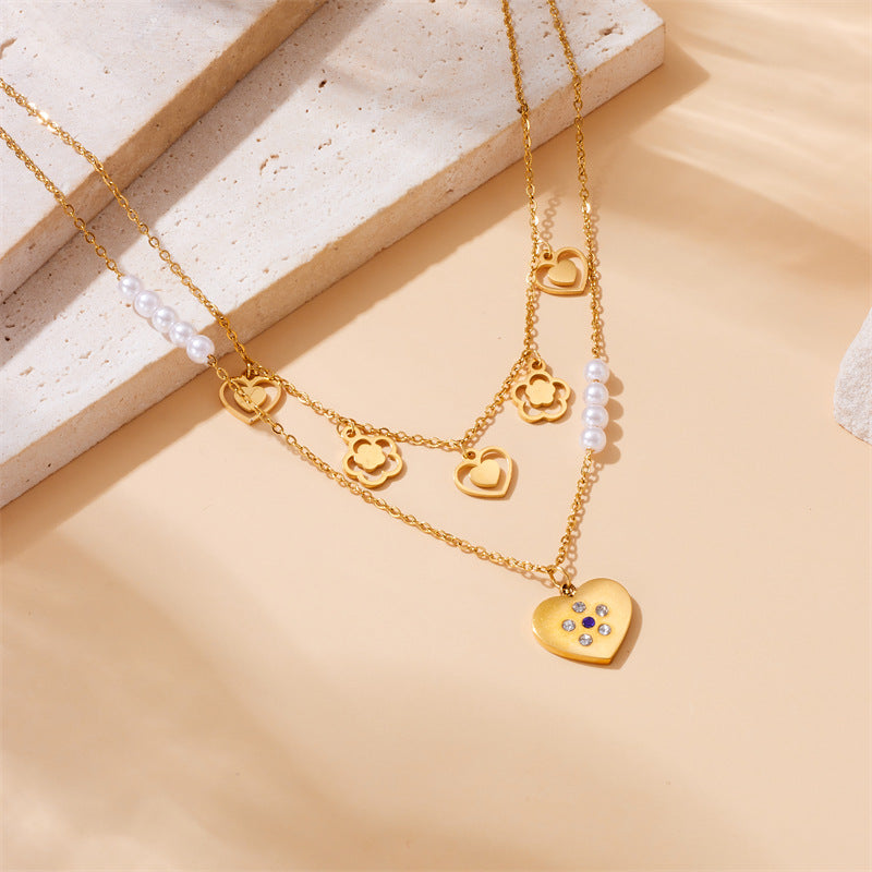 Vintage Minimalist Gold-Plated Stainless Steel Heart Butterfly Eye Pearl Pendant Multi-Layer Necklace
