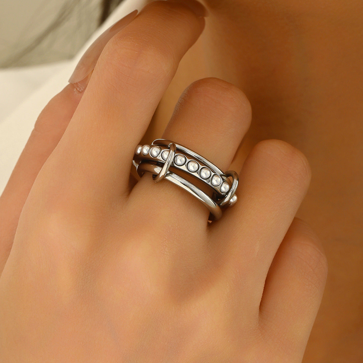 Anillo apilable geométrico para mujer con incrustaciones de perlas y banda de cobre, accesorio de moda