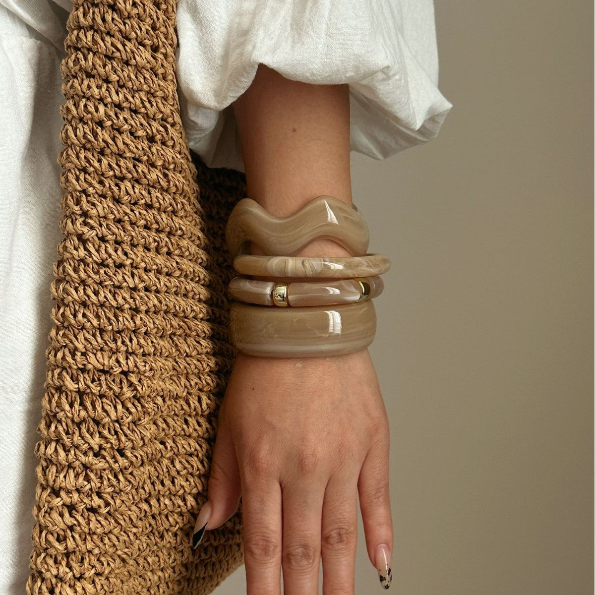 Vintage Geometric Drip Oil Acrylic Beaded Curved Tube Stacking Bracelet Set