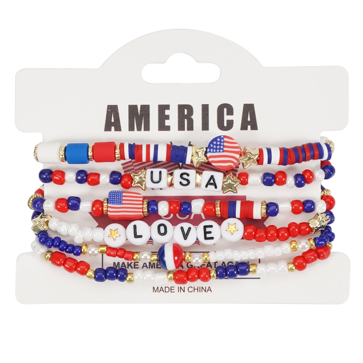 Bracciale Geometrico con Perline di Vetro Unisex con Charm Bandiera Americana Festa dell'Indipendenza