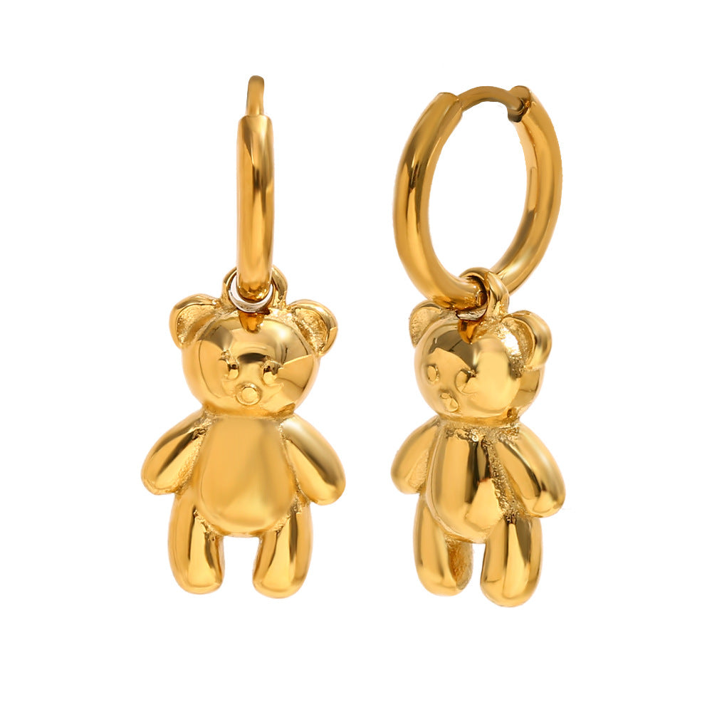 Orecchini da donna in acciaio inossidabile placcati oro 18K a forma di orsetto, design minimalista con animali, alla moda e adatti per l'ufficio