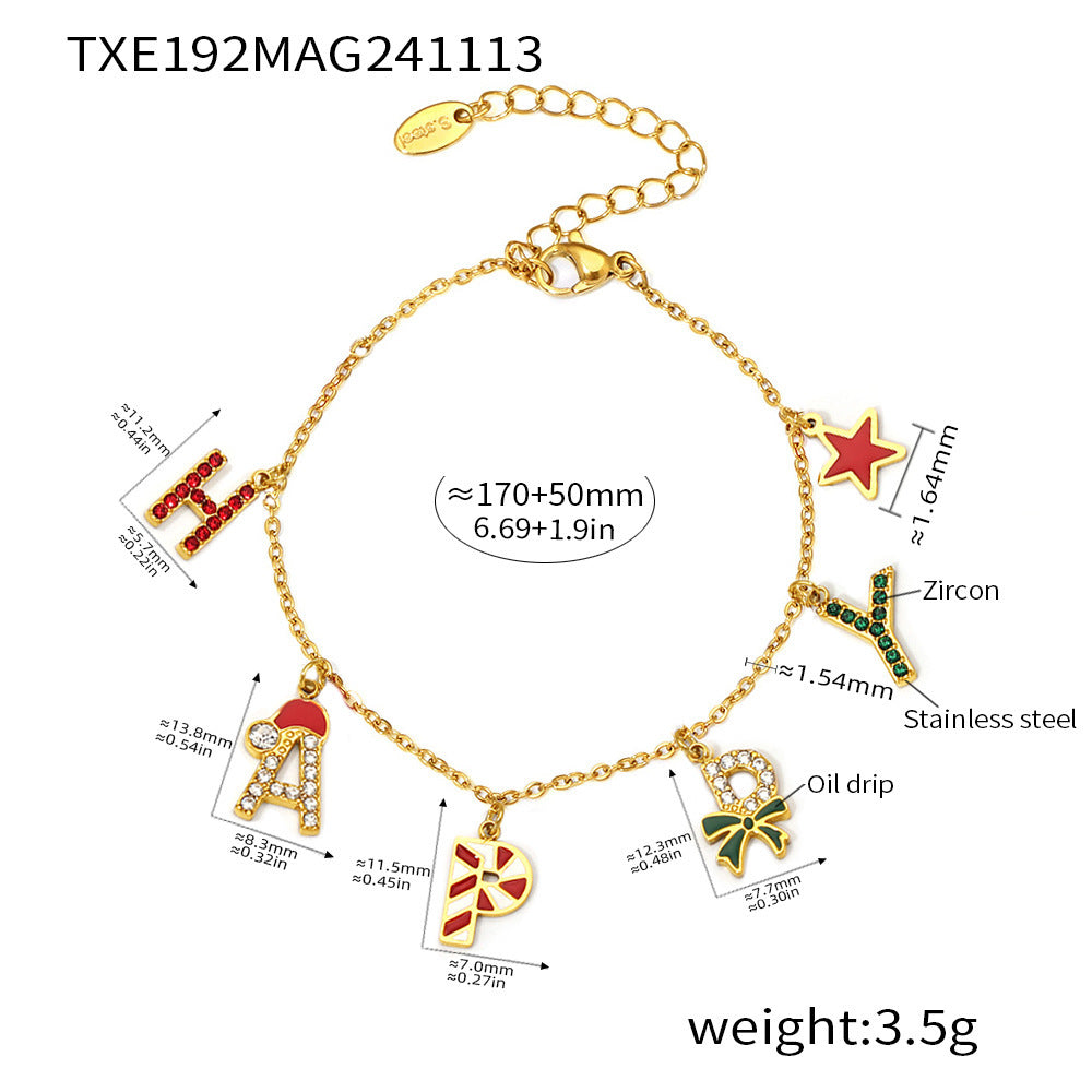 Juego de Collar Navideño de Lujo con Diseño de Rueda de la Fortuna, Esmalte e Incrustaciones de Zirconia, Colgante y Pulsera de Acero Inoxidable para Mujer