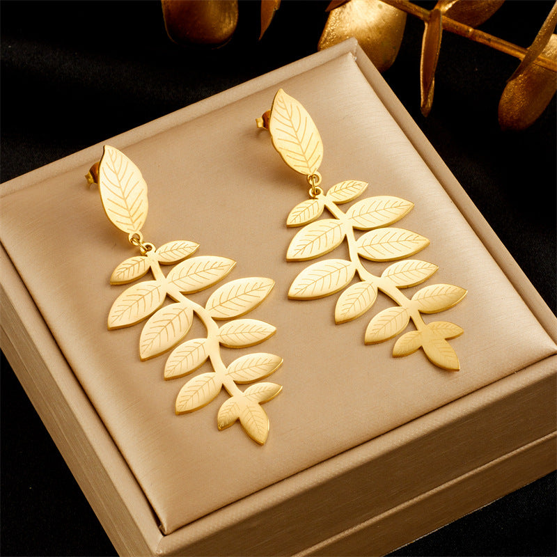 Vintage-Inspired Irregular Leaf-Shaped Titanium Steel Earrings with Gold Plating for Women