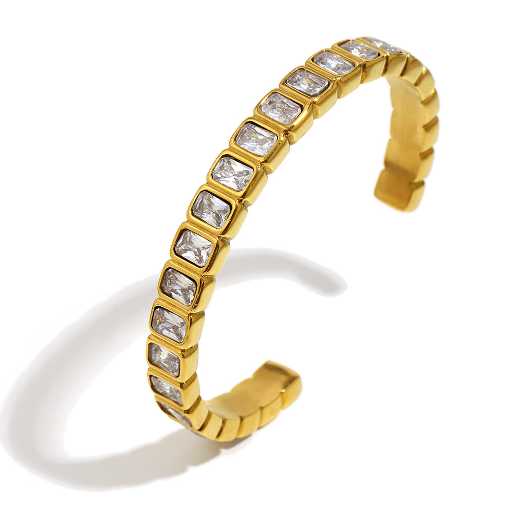 Minimalist Geometric Stainless Steel Bracelet with 18K Gold Plating and Full Zirconia Inlay for Women