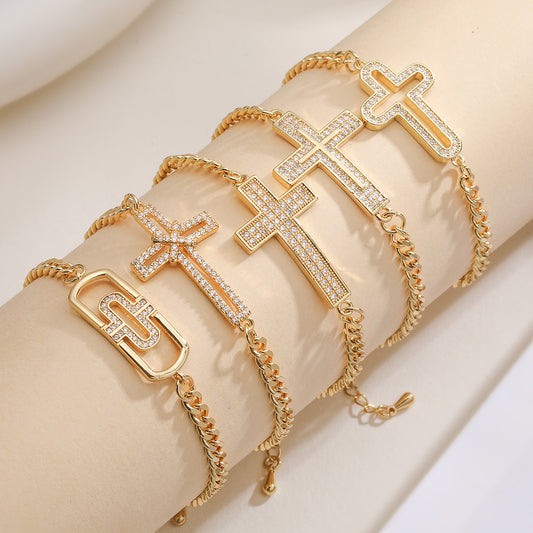 Hip-hop Fashion 18K Gold Plated Brass Cross Butterfly Cubic Zirconia Inlay Bracelet for Women