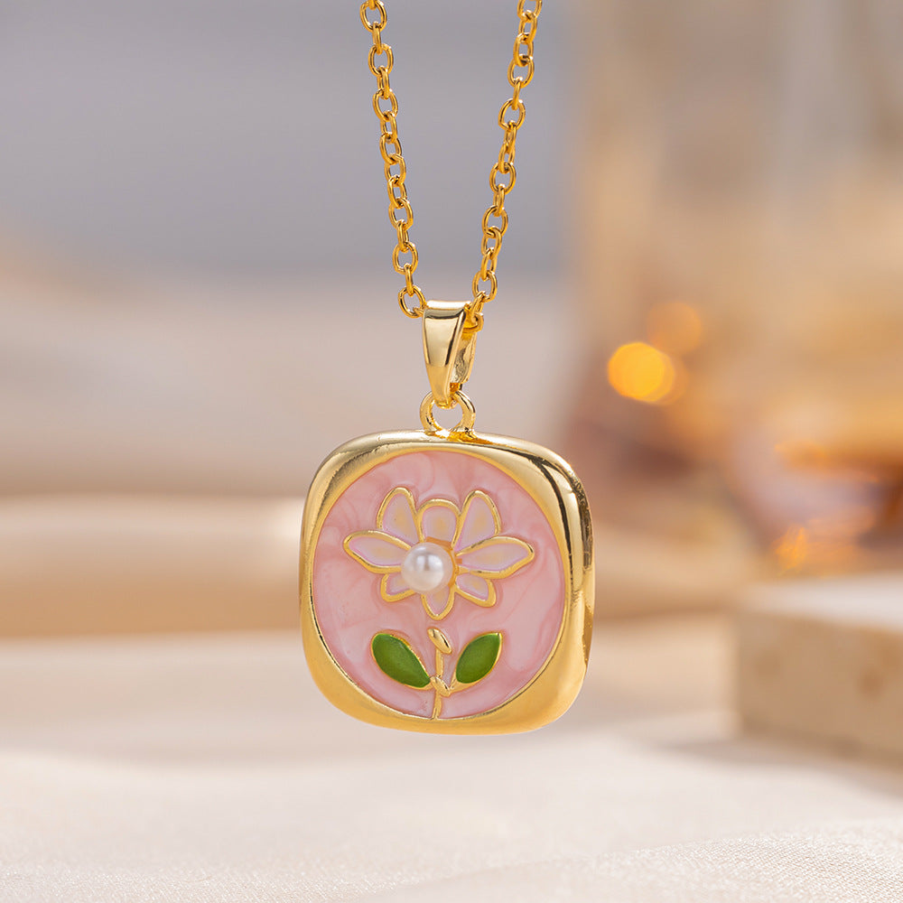 Baroque Style Leaf-Shaped Titanium Steel Necklace with Tulip Floral Motif, Vacuum-Plated for Hypoallergenic Wear, O-Chain Design