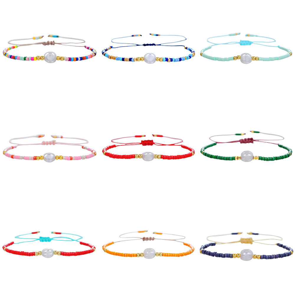Bohemian Style Adjustable Braided Pearl Beaded Bracelet for Women with Rice Beads and Geometric Design